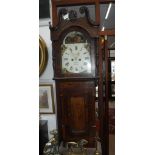 A LARGE 19TH CENTURY OAK AND MAHOGANY LONGCASE CLOCK with painted arched dial inscribed 'R.MYERS,