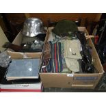 A COLLECTION OF VINTAGE MILITARIA including three helmets, a vintage leather bomber jacket, a '