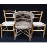 A PAIR OF VINTAGE CHILDREN'S CHAIRS and a wicker child's tub chair (3)