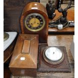 AN EDWARDIAN MAHOGANY CASED MANTEL CLOCK, a 19th century rosewood tea caddy and an oak cased