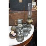 A PAIR OF 19TH CENTURY BOTTLE COASTERS, a collection of pewter, an oil lamp and sundries