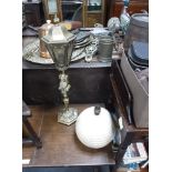 A BRASS TABLE LAMP with a lantern shade and an Art Deco ceramic table lamp (2)