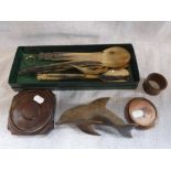 A SET OF CARVED HORN SALAD SERVERS, wooden stands and other items (one box)