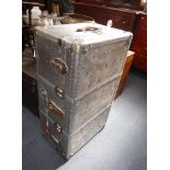 A LARGE VINTAGE ALUMINIUM TRAVELLING TRUNK with blue fabric lined interior