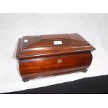 A 19TH CENTURY MAHOGANY TEA CADDY with fitted interior, 15" wide