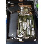 A VICTORIAN SILVER PLATED CHRISTENING SET in fitted case, silver plated cutlery, a cigarette box and