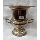 A VICTORIAN SILVER PLATED ICE BUCKET of urn form with twin handles, 10" high