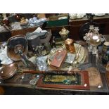 A LARGE INDIAN BRASS TRAY, a pair of iron and brass fire dogs, horse brasses and sundries