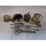 A COLLECTION OF SILVER AND PLATED ITEMS including a silver mustard pot and a pair of 18th century