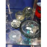 A COLLECTION OF DECORATIVE GLASSWARE including a paperweight with radiating canes, bubble included