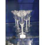 A SET OF SIX GEORGE III STYLE WINE GLASSES with flared bowls, double twist stems and circular feet