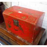 AN ORIENTAL RED LACQUERED AND GILT DECORATED PINE BOX 12.5" high x 17.5" wide