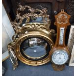 A WALNUT BANJO BAROMETER and a collection of mirrors