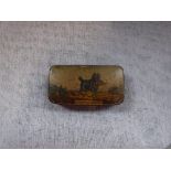 A PAPIER MACHE SNUFF BOX decorated with a hound carrying a rabbit 'To Be Delivered Immediately'