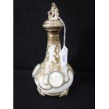 A WHITE GLASS VASE with gilt metal mounts decorated with scenes of Paris