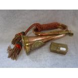 A COPPER AND BRASS BUGLE with Argyle and 'Southerland' badge and a brass snuff box