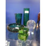 A SMALL COLLECTION OF GREEN GLASS including a decorative Whitefriars vase