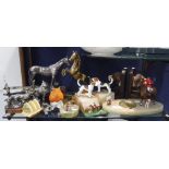 A QUANTITY OF FOX HUNTING COLLECTIBLES, including a pair of painted white metal and onyx dog