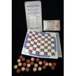 HUNTLEY & PALMERS; A VINTAGE ADVERTISING DRAUGHT BOARD 9.5" (square) with draughts in the form of