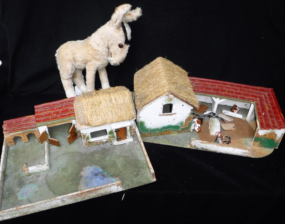 MERRYTHOUGHT; A VINTAGE PLUSH DONKEY and two 1950s/60s farmyard buildings