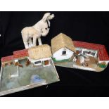 MERRYTHOUGHT; A VINTAGE PLUSH DONKEY and two 1950s/60s farmyard buildings