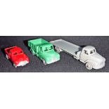 DINKY TOYS DUBLO; A GREY BEDFORD FTAL BED TRUCK, a red split screen Morris Oxford pickup and a Green