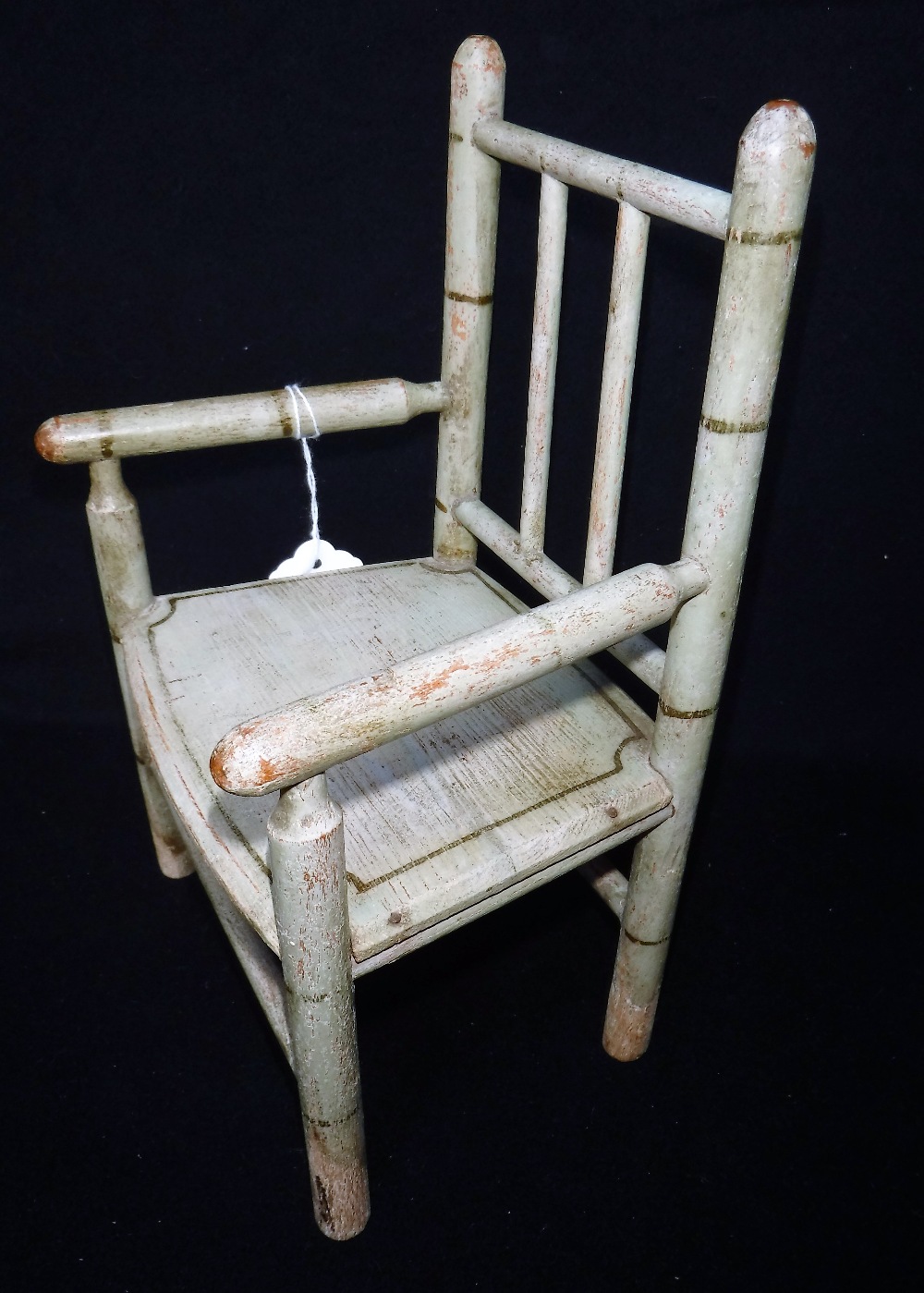 AN EDWARDIAN DOLL'S FOLDING TABLE, with original green and gilt paint work 8" high and a matching - Image 3 of 4