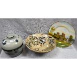 A ROYAL WORCESTER 'YORK MINSTER' PLATE, an Oriental lidded bowl and an Art Pottery bowl