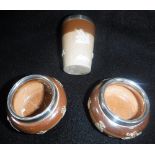 A PAIR OF VICTORIAN DOULTON LAMBETH STONEWARE MINIATURE SALTS and a similar miniature beaker,