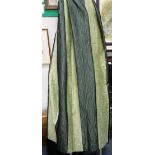 TWO PAIRS OF LARGE PALE GREEN VELVET AND DARK GREEN SILK EFFECT STRIPED LINED CURTAINS, each