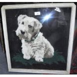 A VINTAGE WOOL WORK PANEL of a West Highland Terrier, with glass bead eyes, framed and glazed,