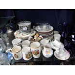 A COLLECTION OF COMMEMORATIVE TANKARDS and a Copeland Spode Italian transfer decorated pot and other