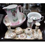 AN EDWARDIAN BLUSH IVORY CERAMIC DRESSING TABLE SET, and a 1920s jug and bowl set