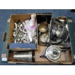 A SMALL QUANTITY OF ASSORTED PLATED WARES including three piece teaset and cutlery