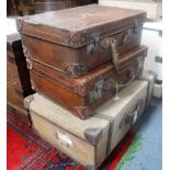 A VINTAGE LEATHER SUITCASE, another smaller and a leather bound canvas suitcase (3)