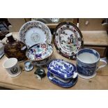 A LARGE VICTORIAN BLUE AND WHITE MUG, decorated with a hunting scene and a collection of similar