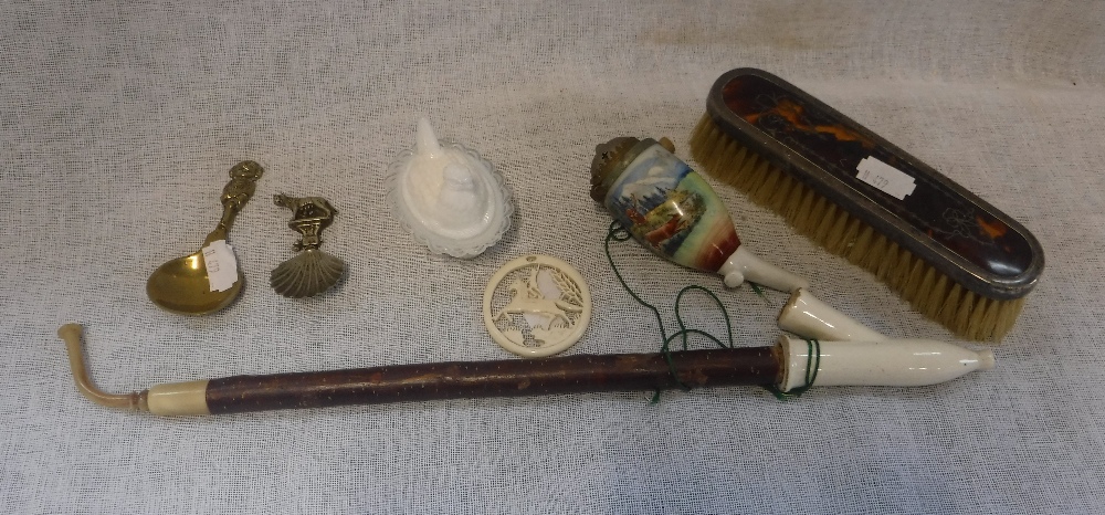 A TORTOISESHELL AND SILVER-BACKED BRUSH, a Meerschaum pipe and sundries