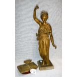 A GILT BRONZED FIGURE modelled as a maiden on carved marble base and a brass Art Nouveau style