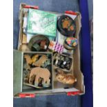 A VINTAGE TINPLATE CLOCKWORK RABBIT, wooden toys, puzzles and sundries