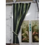 TWO PAIRS OF LARGE PALE GREEN VELVET AND DARK GREEN SILK EFFECT STRIPED LINED CURTAINS, each curtain