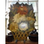 A LARGE PAINTED WOODEN FIRE SCREEN, decorated with a vase of flowers