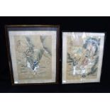 A PAIR OF FRAMED AND GLAZED JAPANESE PRINTS ON SILK, signed markings to upper left