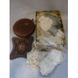 A QUANTITY OF LACE, textiles and a leather tape measure