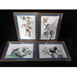 A SET OF FOUR FRAMED AND GLAZED CHINESE HAND PAINTED BIRDS ON RICE PAPER