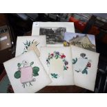 FOUR 19TH CENTURY COLOURED LITHOGRAPH FLORAL ALBUM PAGES, a watercolour of a cottage and an