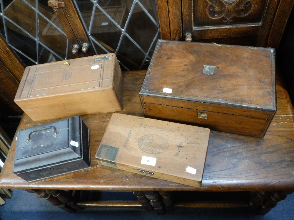 AN EARLY 20TH CENTURY WALNUT VENEERED WRITING SLOPE, Oriental black lacquer jewellery box