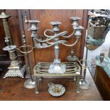 A PAIR OF BRASS AESTHETIC MOVEMENT TABLE CANDELABRA and a brass trivet and other metalware