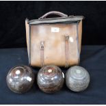 THREE TAYLOR ROLPH & CO WOODEN BOWLING WOODS in a vintage Slazenger carrying case