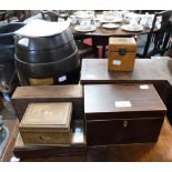 A MAUCHLIN WARE HOMEOPATHIC MEDICINES BOX, two 19th century wooden tea caddies and other wooden