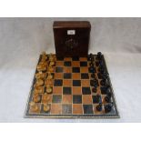 A STAUNTON CHESS SET in 19th century burrwood box